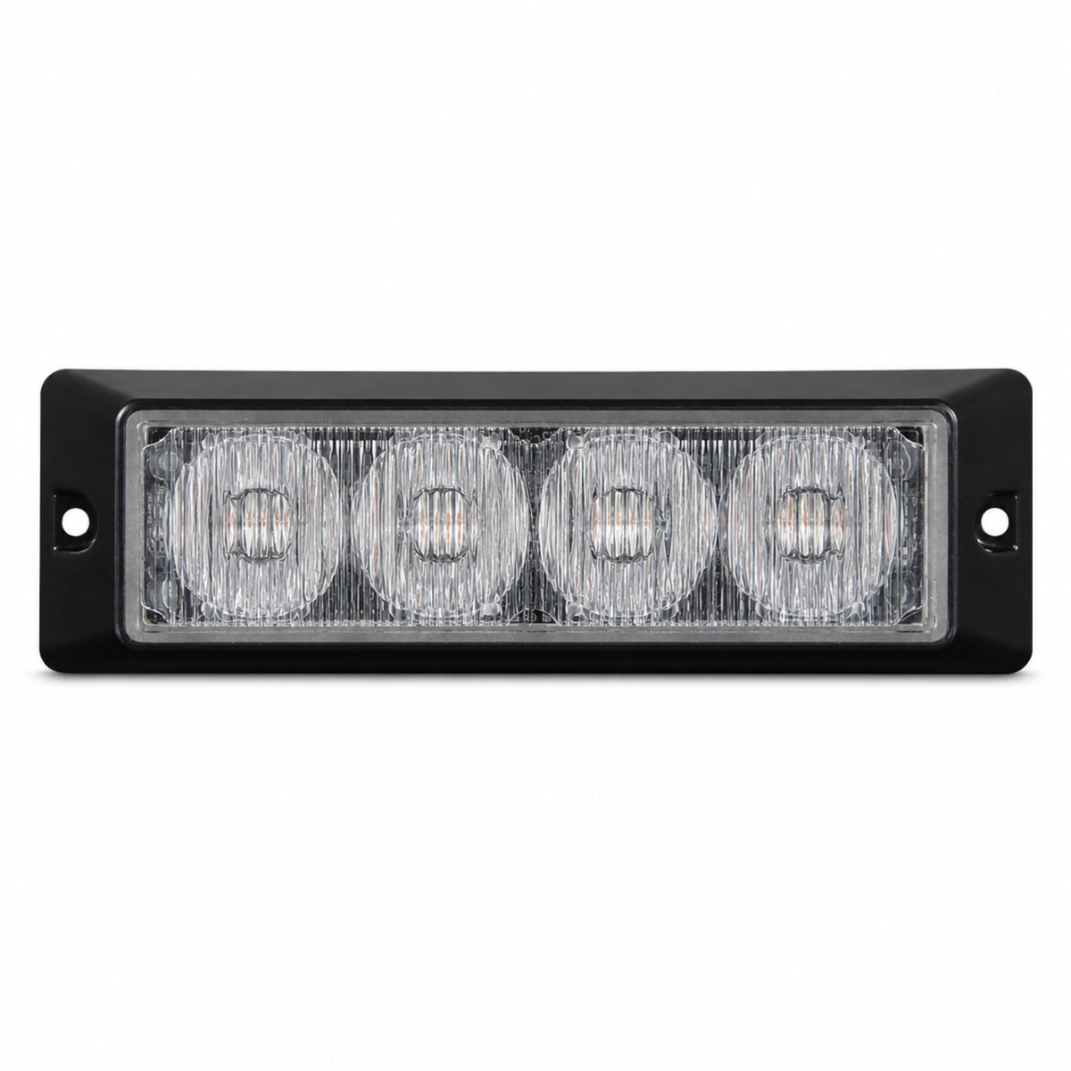 Front view of the black rectangular surface mount LED warning light head, four clear TIR optical cells behind a flush lens with a screw fixing hole in each end flange