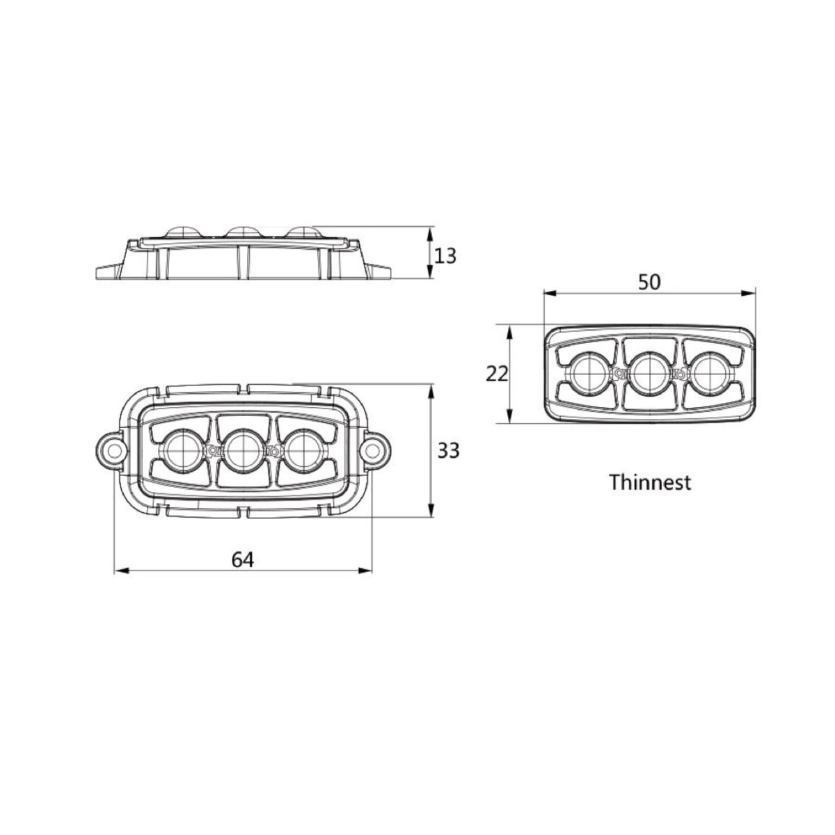 Dimension drawing of the F3 LED warning light head, 64 x 33 x 13mm with the aluminium housing fitted and 50 x 22mm for the light head alone