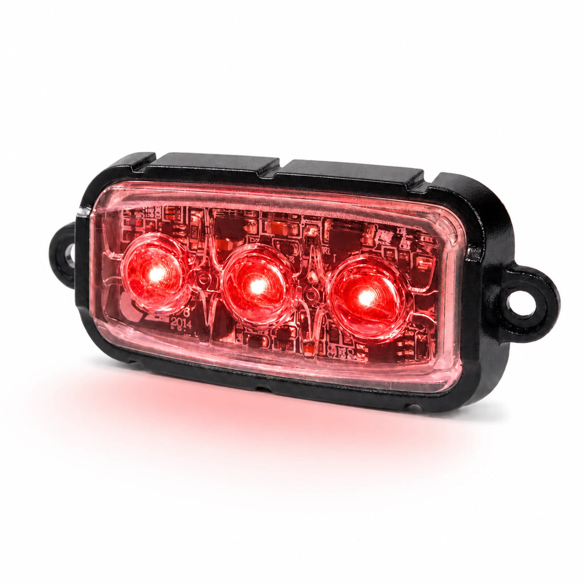 F3 9W mini LED warning light head illuminated in red, fitted in its black aluminium housing, three quarter view
