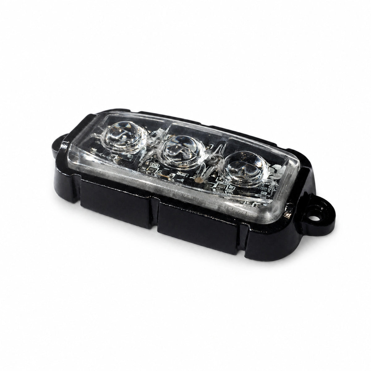 F3 9W mini LED warning light head viewed from above in its aluminium housing, showing the three TIR optics and the two outer mounting holes