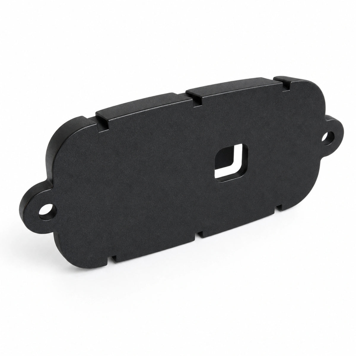 Rear of the black aluminium housing for the F3 LED warning light head, showing the central cable slot and the two outer mounting holes