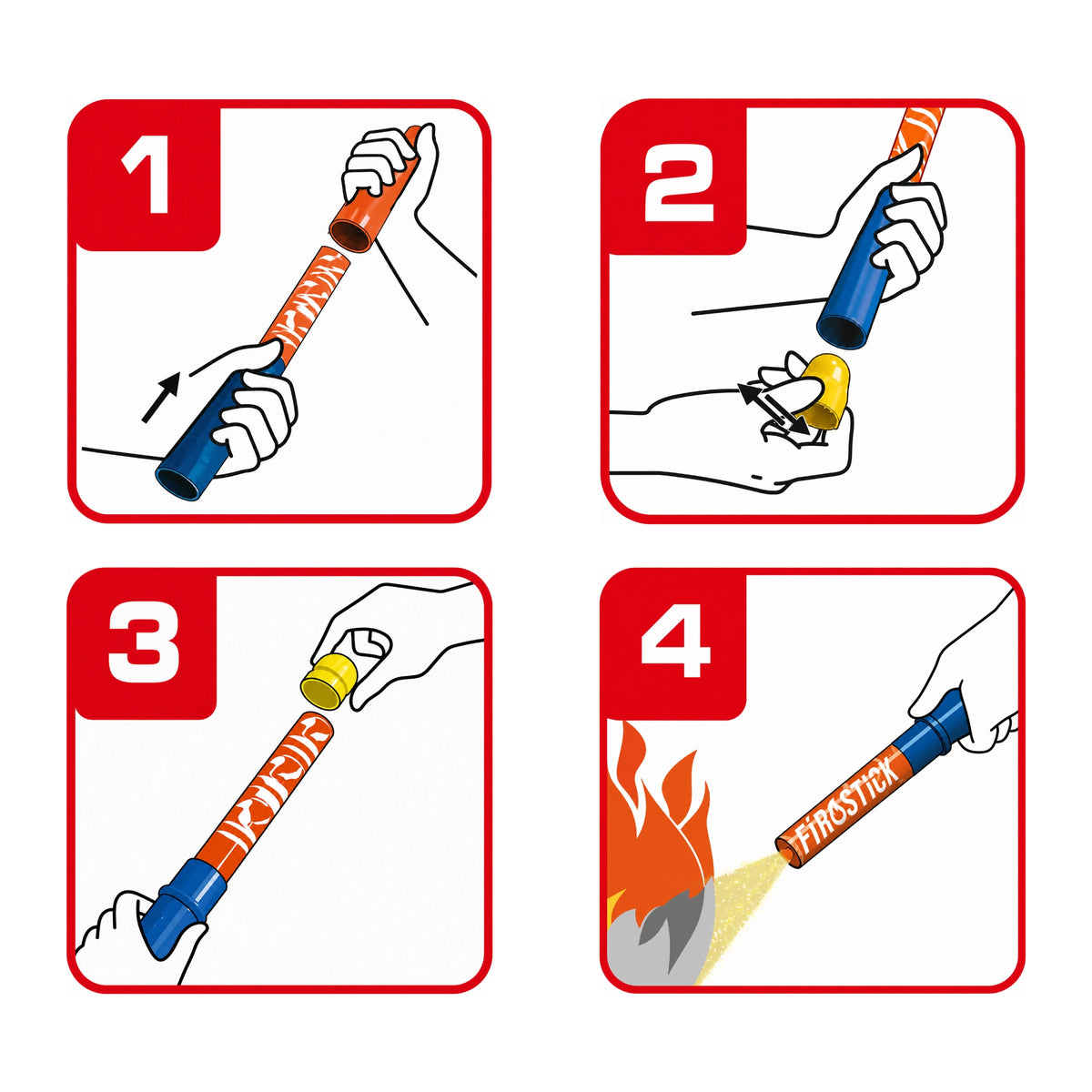 Four-step FSS100 operation instructions: remove cover, remove striker, strike ignition tip, aim at base of flames