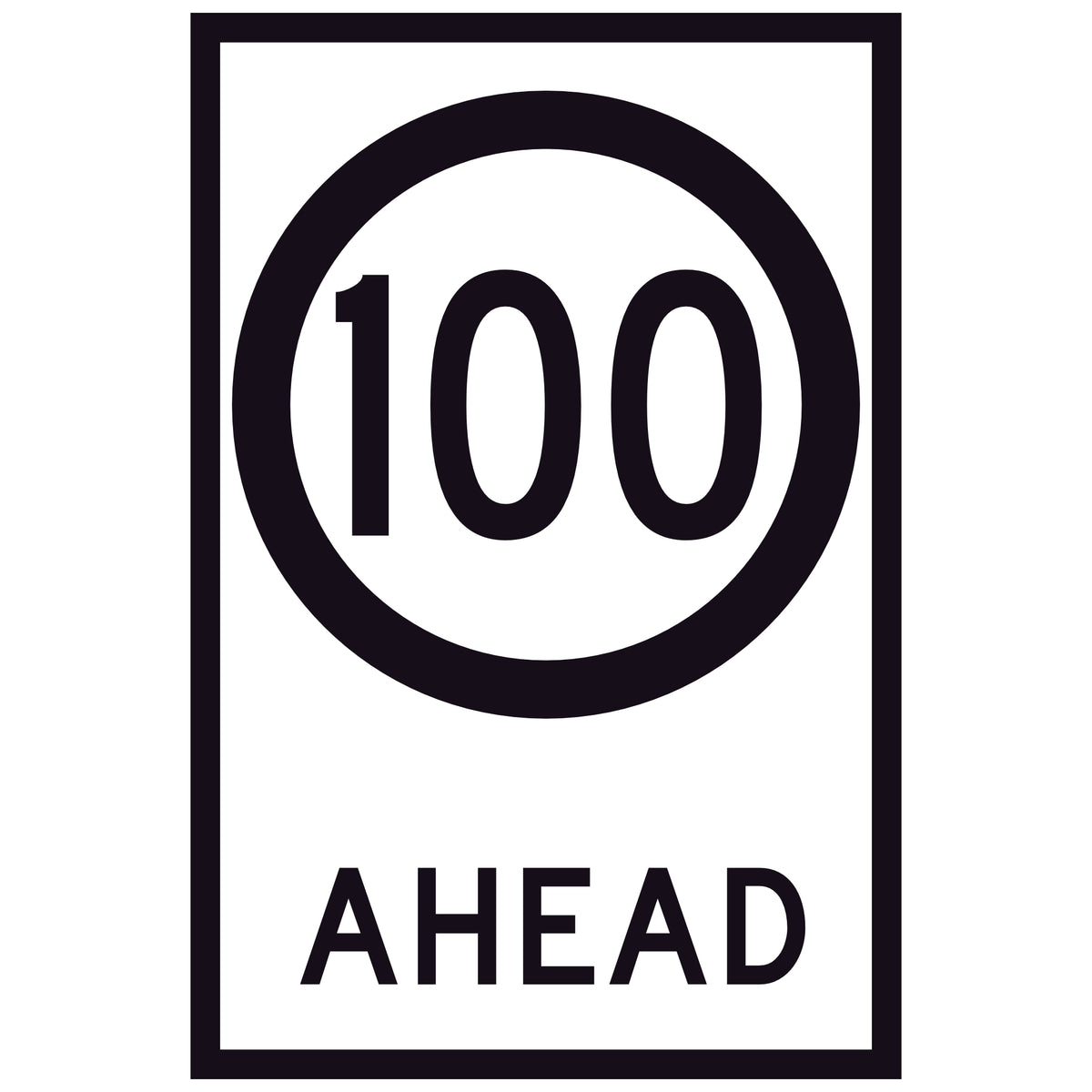100 Speed Limit Ahead GM9-79D(100) 600x900mm corflute sign panel with black 100 speed symbol and AHEAD text on white retroreflective background