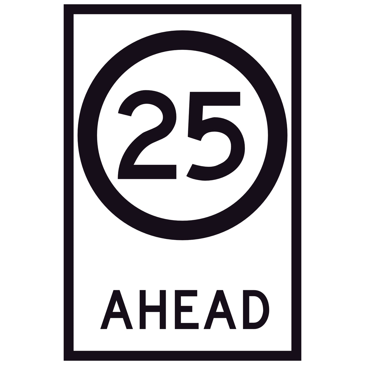 25 Speed Limit Ahead GM9-79D(25) 600x900mm corflute sign panel with black 25 speed symbol and AHEAD text on white retroreflective background