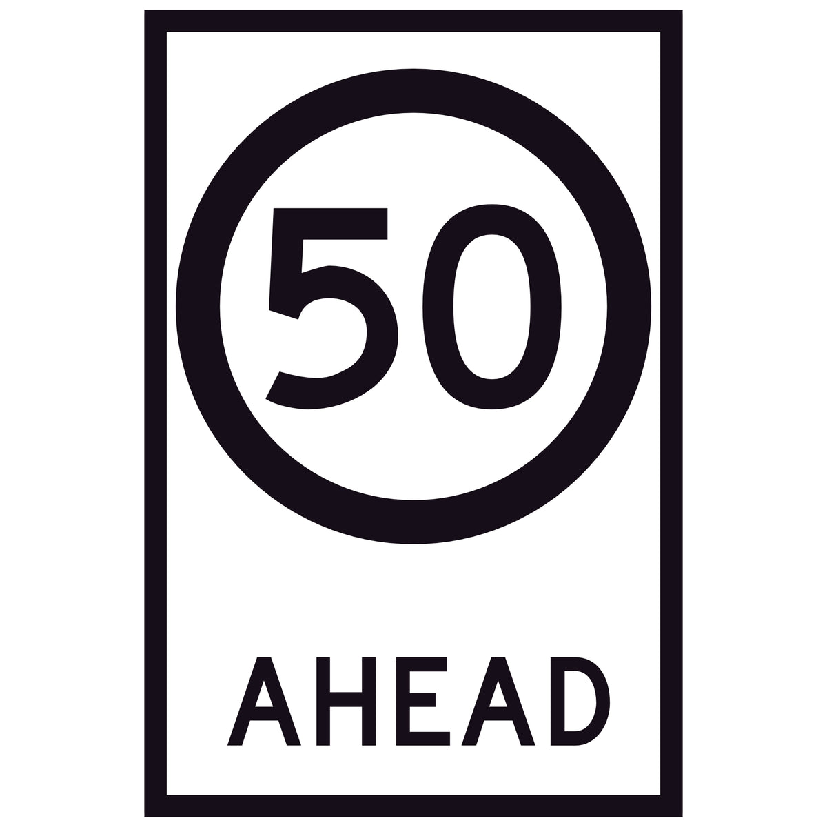 50 Speed Limit Ahead GM9-79D(50) 600x900mm corflute sign panel with black 50 speed symbol and AHEAD text on white retroreflective background