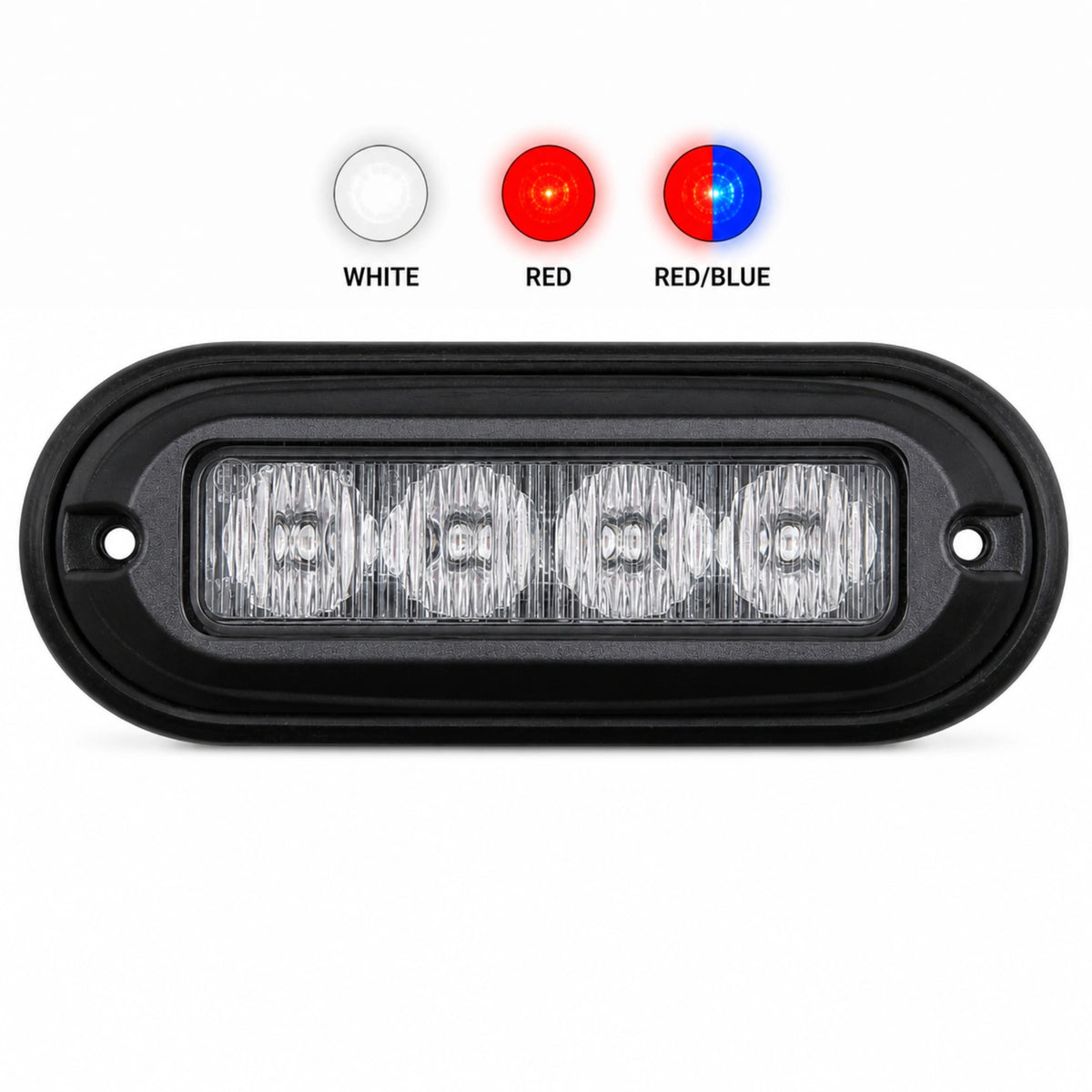 The black surface mount LED warning light head shown below three output colour swatches labelled white, red and red and blue