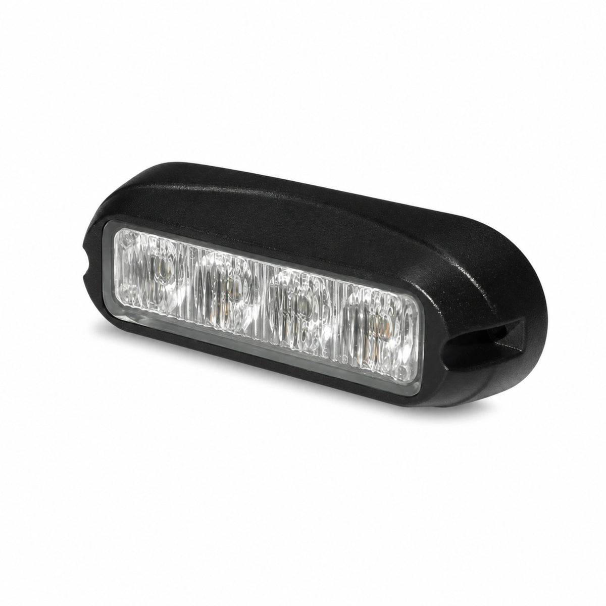 Front view of the black surface mount LED warning light head with four clear TIR lens cells and two screw mounting ears