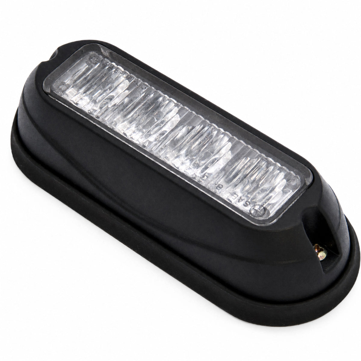 Angled view of the black LED warning light head showing the low profile housing and clear lens window