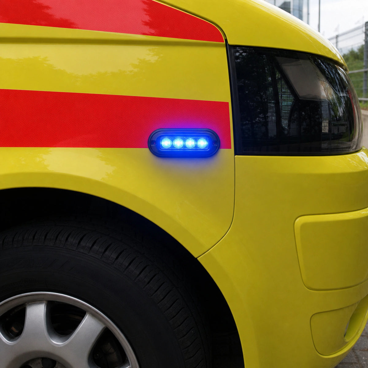 Blue H4 warning light head fitted flush into the front wing of a vehicle with red and yellow high-visibility markings, lit and showing all four LEDs