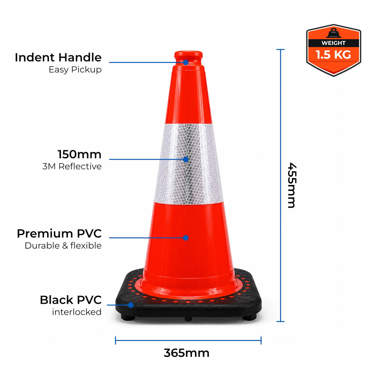 450mm traffic cone diagram showing indent handle, 150mm 3M reflective collar, PVC body, black interlocked base, 455mm height, 365mm base and 1.5kg weight