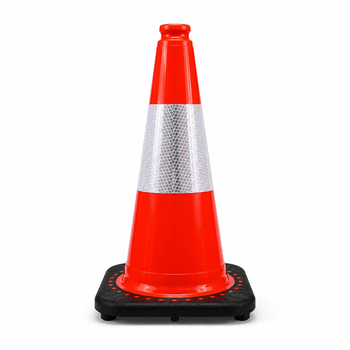 Orange 450mm heavy duty traffic cone with white Class 1 reflective collar on a black interlocked base
