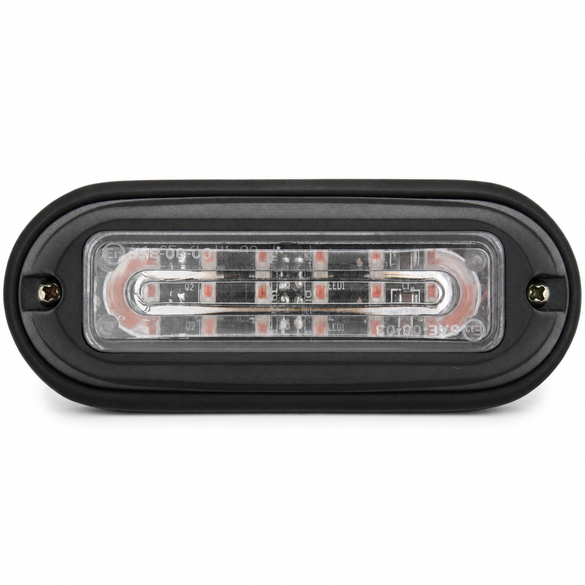 Front view of the black surface mount LED warning light head, a single clear linear lens window with a screw fixing point at each end