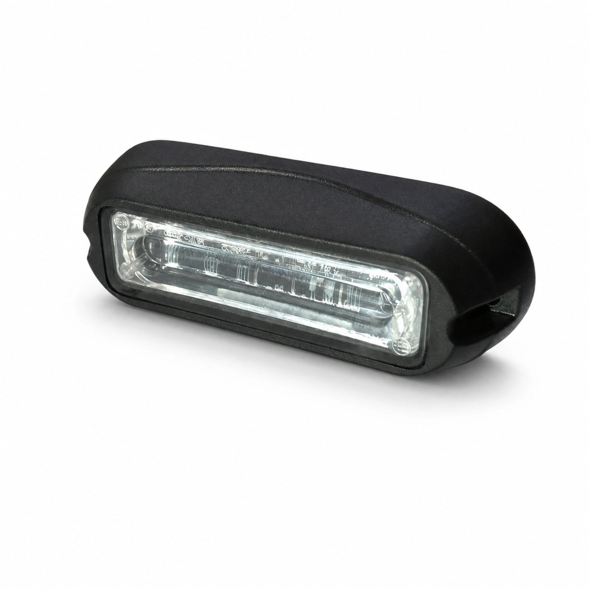 Angled view of the black LED warning light head showing the clear linear lens window set into the raised housing