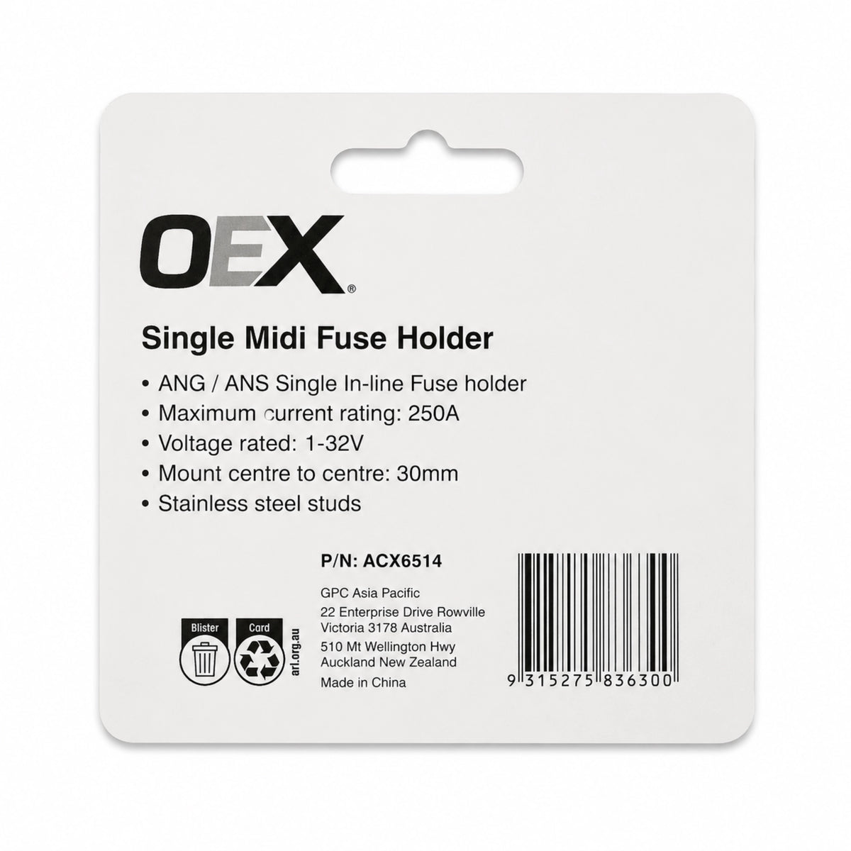 OEX single MIDI fuse holder ACX6514 rear packaging with specifications and barcode