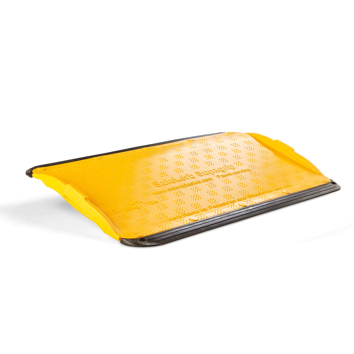 Yellow Oxford SupaGrip SafeKerb kerb ramp with black LowPro edges, angled studio view showing the moulded slip resistant surface