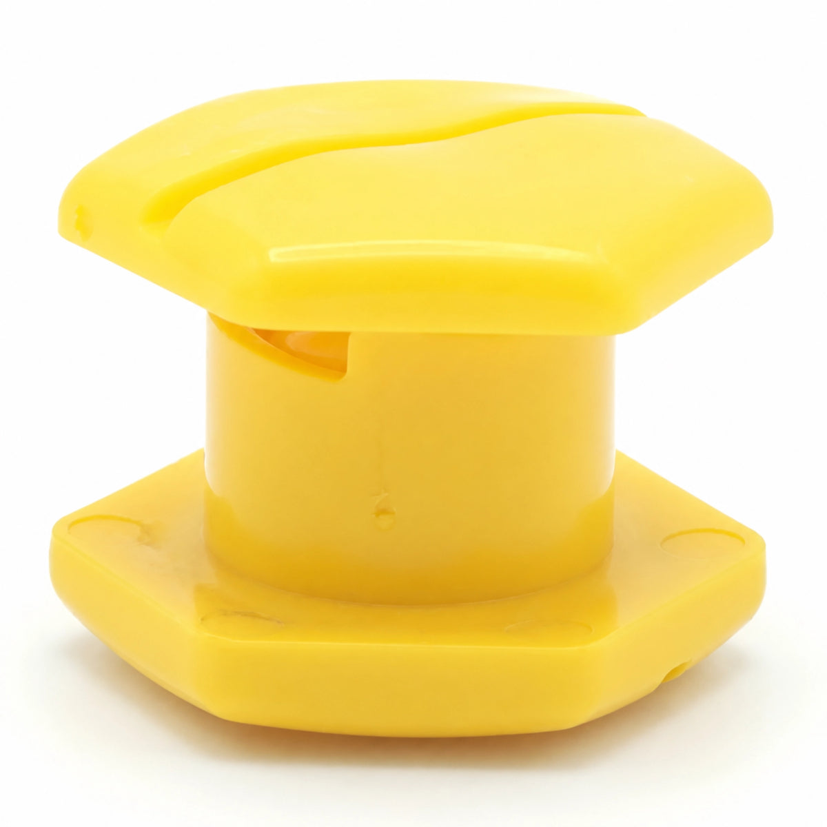 Assembled yellow SupaGrip SafeKerb connector viewed from the side, showing the hexagonal cap, central barrel and hexagonal base flange