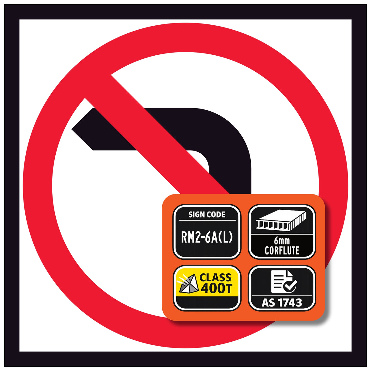 No left turn traffic sign with certification details on an orange background
