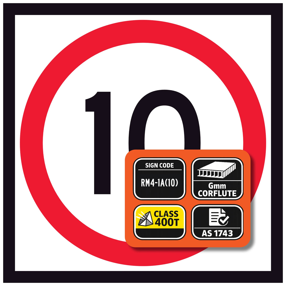 Road sign with speed 10 and additional information panel on a white background