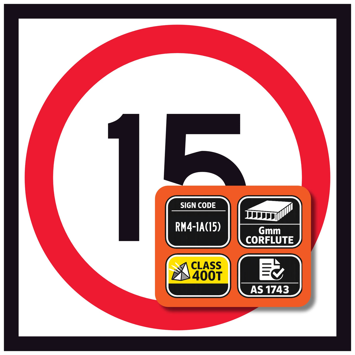 RM4-1A(15) Speed traffic sign with number 15 and additional certification icons on a white background