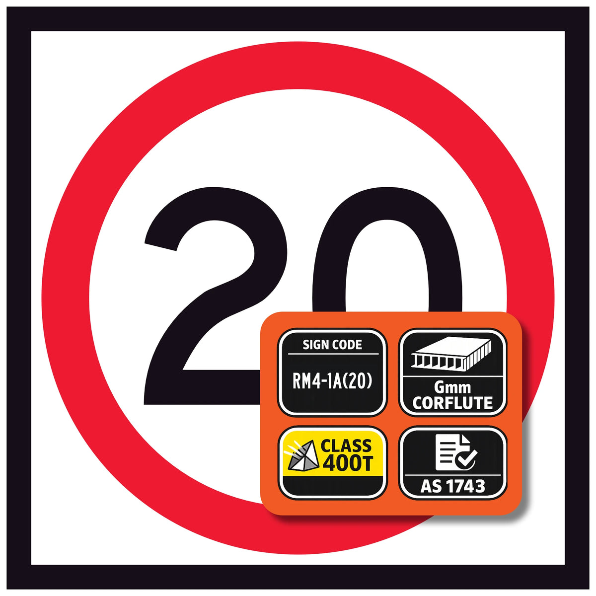 RM4-1A(20) 20 km/h speed limit sign with certification labels on a white background