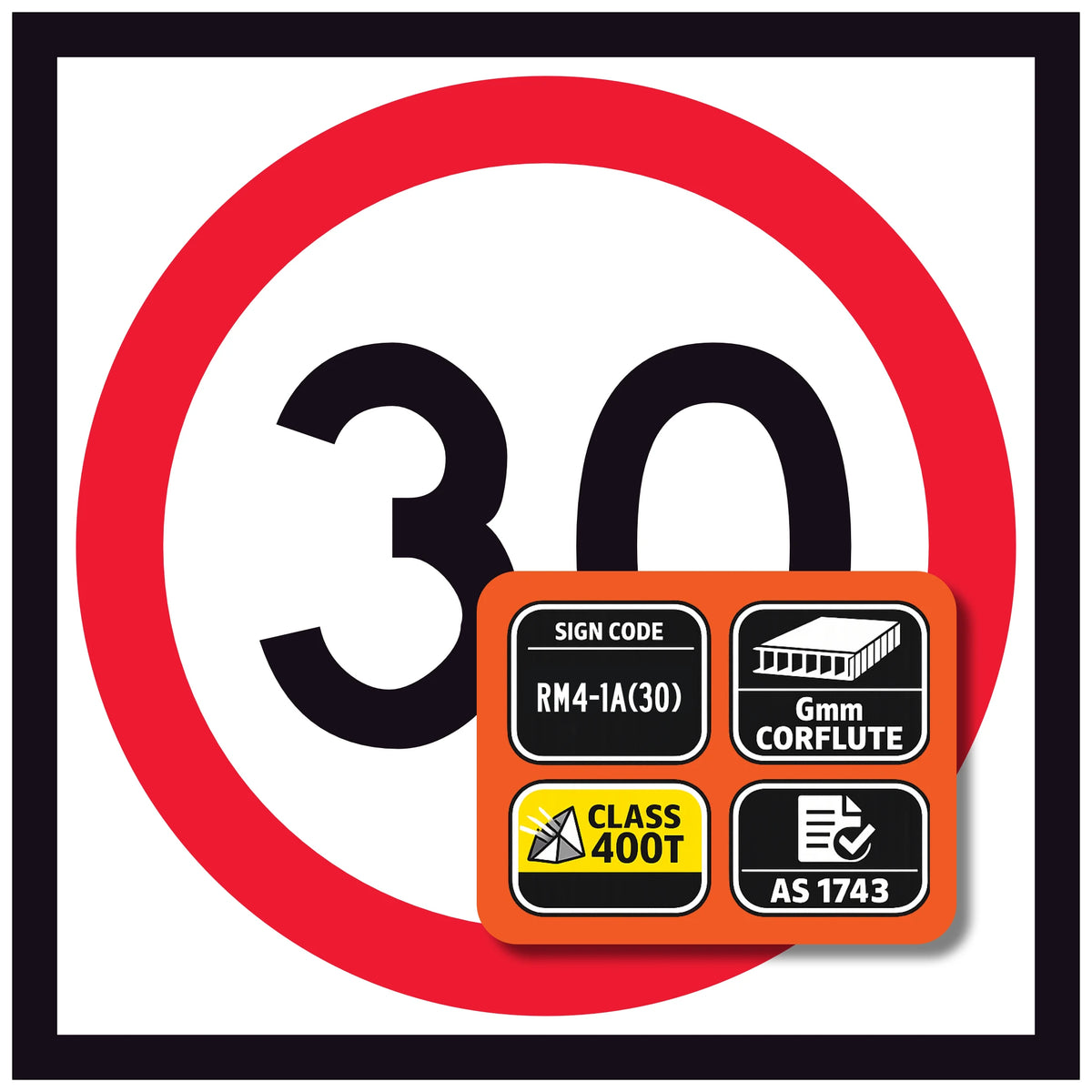 RM4-1A(30) Speed limit 30 sign with certification labels on a white background