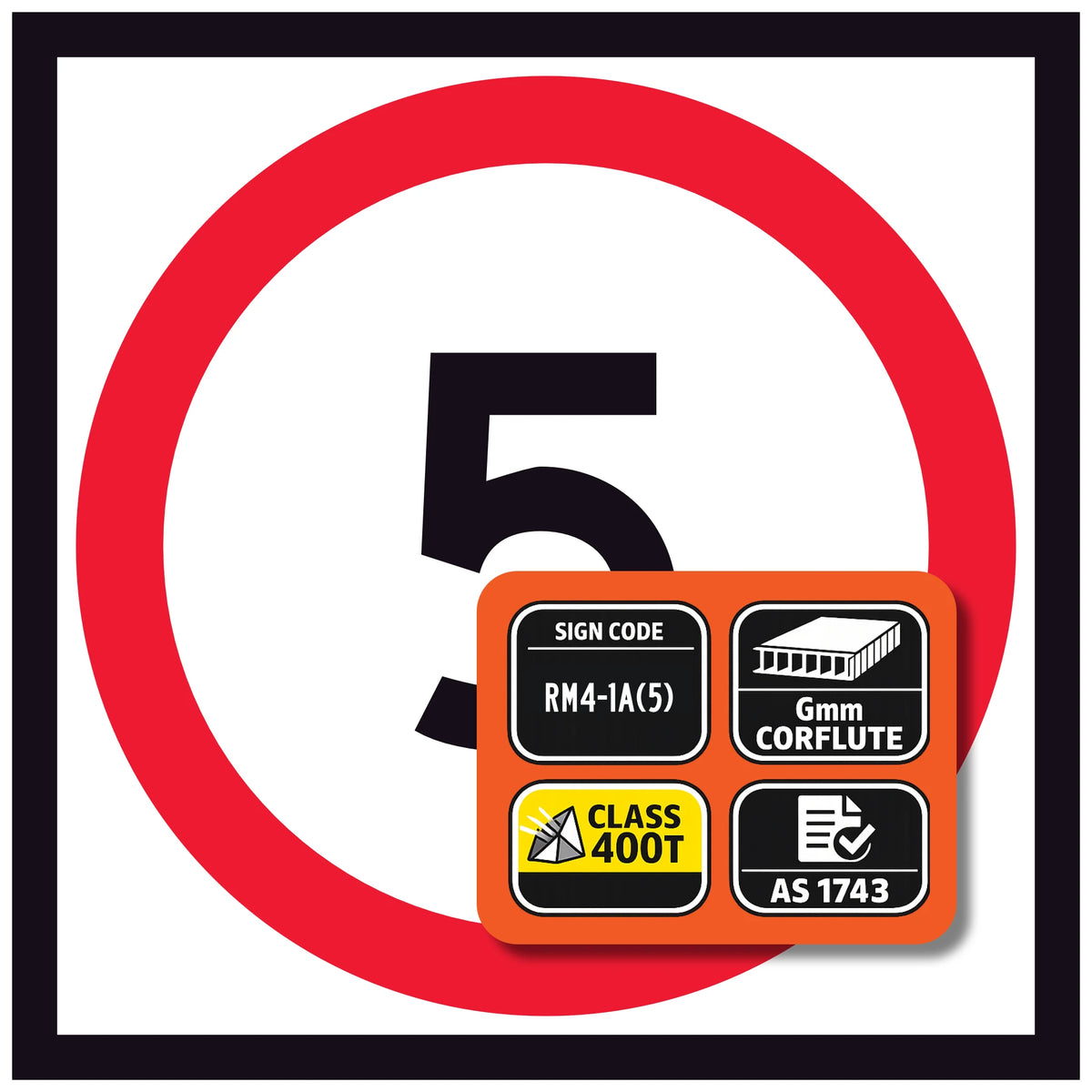 RM4-1A(5) 5 km/h speed traffic control sign, featuring certification logos on an orange label.