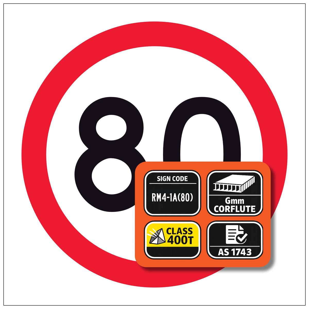 RM4-1A(80) Road sign with a red border and black number '80', featuring certification logos on an orange background.
