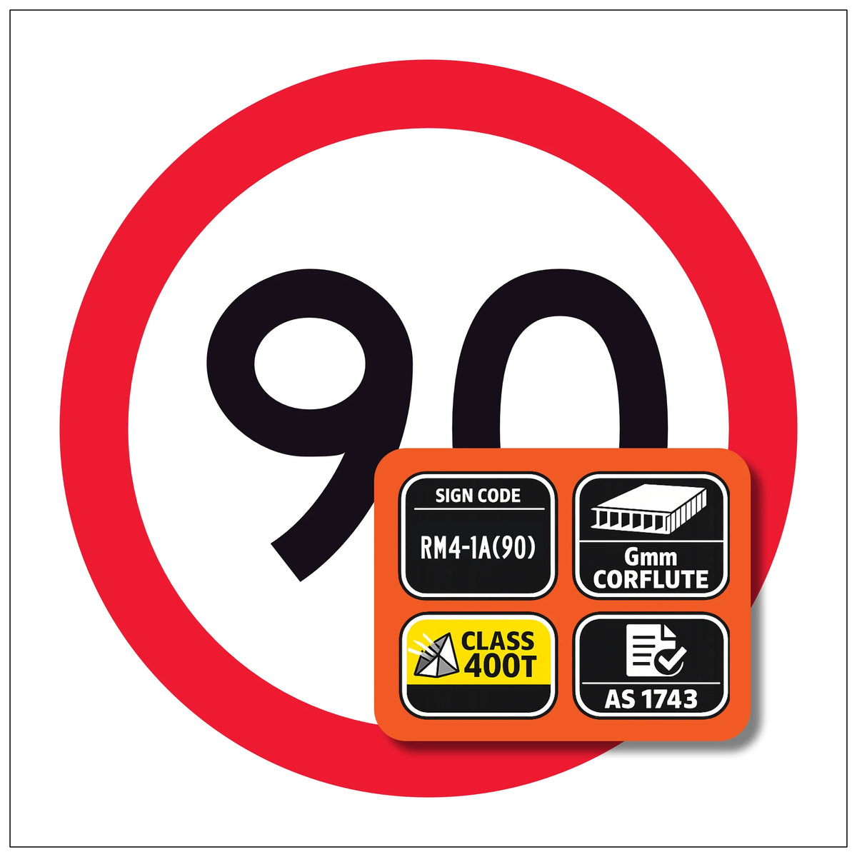 RM4-1A(90) 600x600mm 90 Speed limit sign with additional information panel on a white background