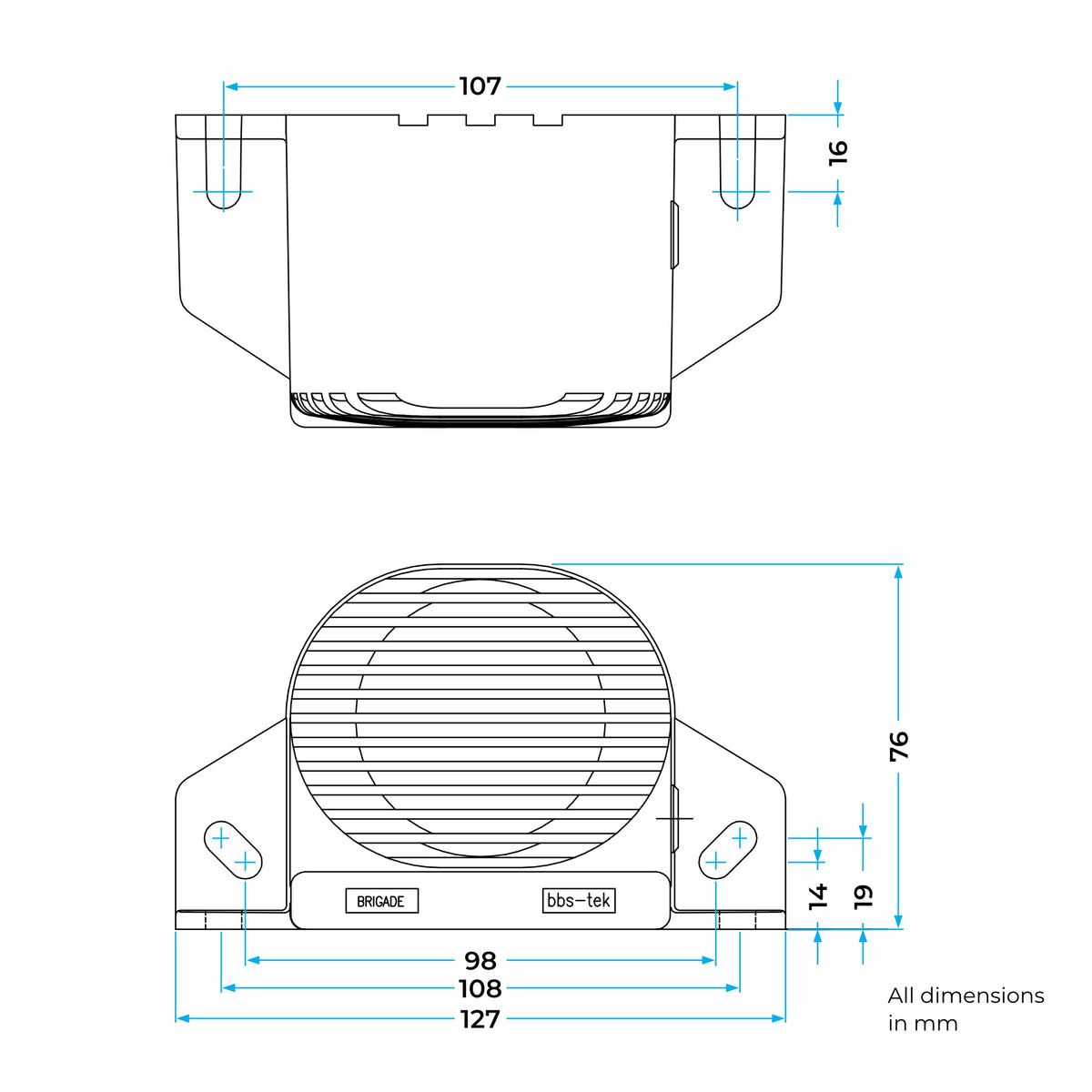 Line drawing of the Brigade SA-BBS-97 reverse alarm, top and front views showing 127mm overall width, 98 to 108mm slotted mounting hole centres and 76mm height