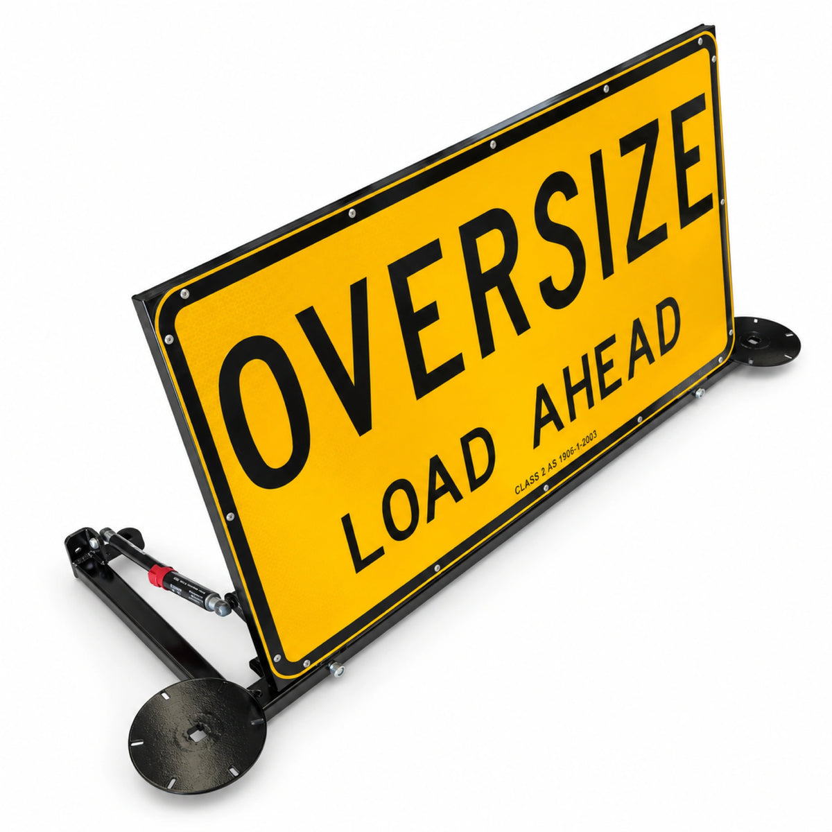 Oversize Load Ahead sign raised at an angle, showing the gas strut lift and a beacon plate on the frame