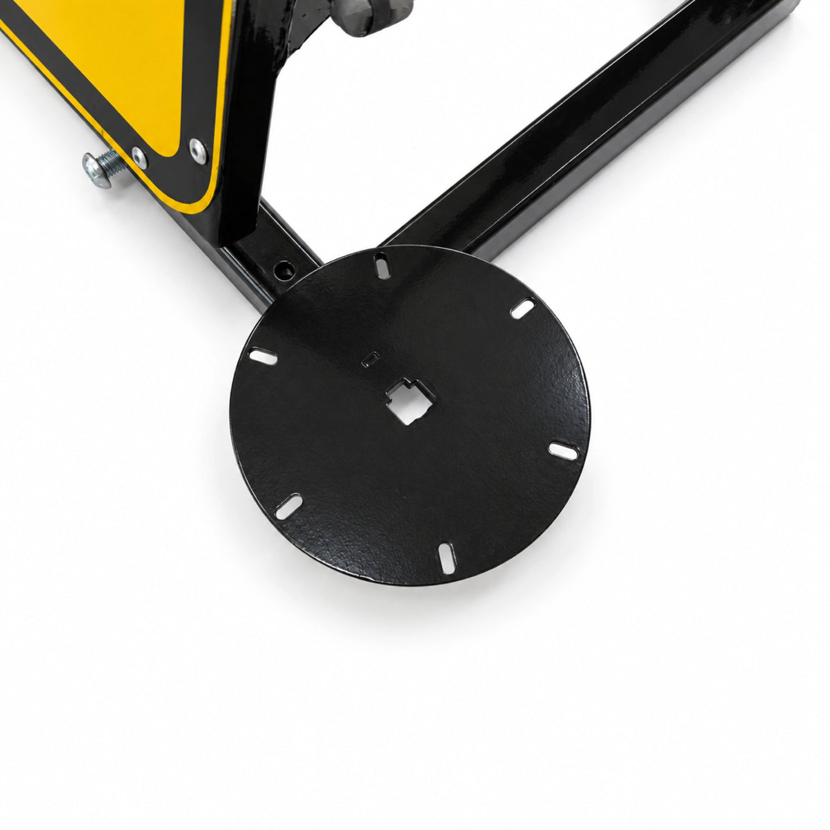 Close-up of a 165mm beacon mounting plate fitted to the end of the sign frame