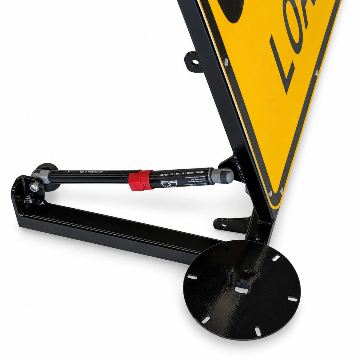 Side view of the raised sign showing the gas strut, base rail and beacon mounting plate
