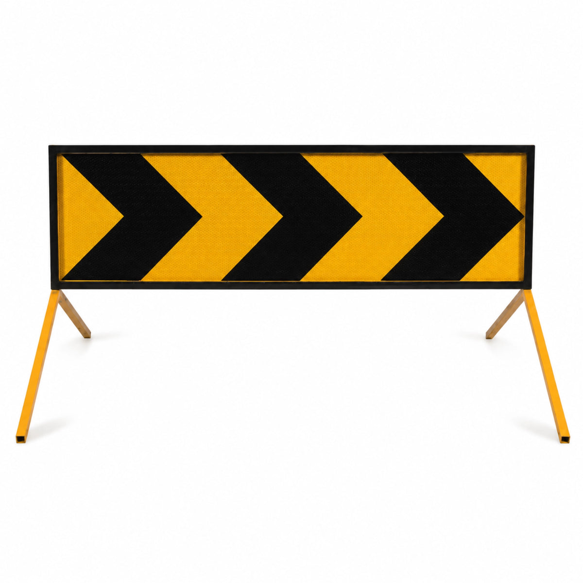 Temporary Hazard Marker T5-4 standing on two yellow sign legs, black chevrons pointing right on a yellow reflective face