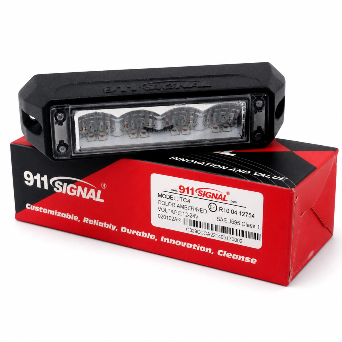 911Signal TC4 retail carton labelled model TC4, colour amber and red, 12-24V, SKU 020102AR, with the light head resting on top