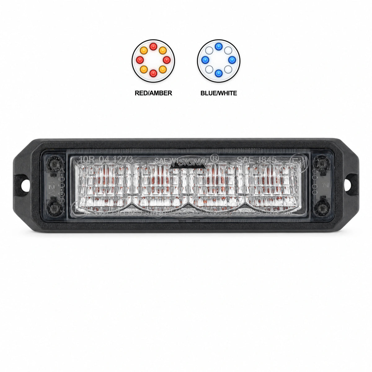 Black surface mount LED warning light head shown below two colour swatches, red and amber, and blue and white, each swatch showing the eight LED arrangement