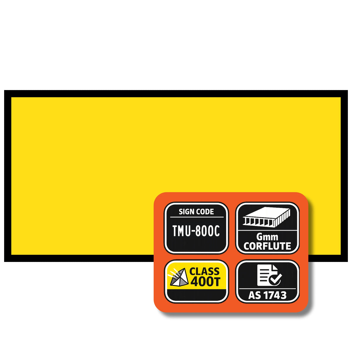 Certification label with various symbols and text on a yellow background