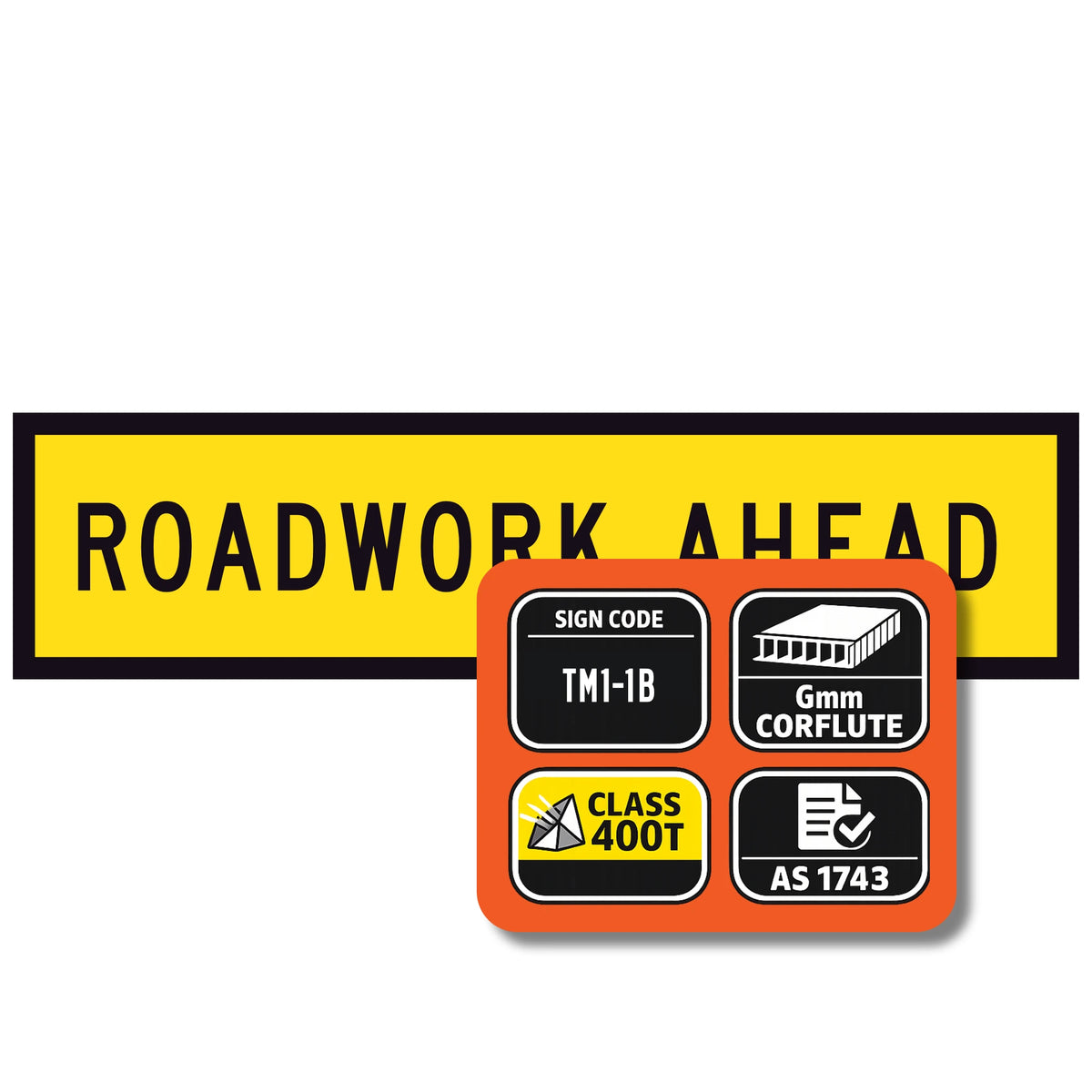 Roadwork ahead sign with technical details on a white background
