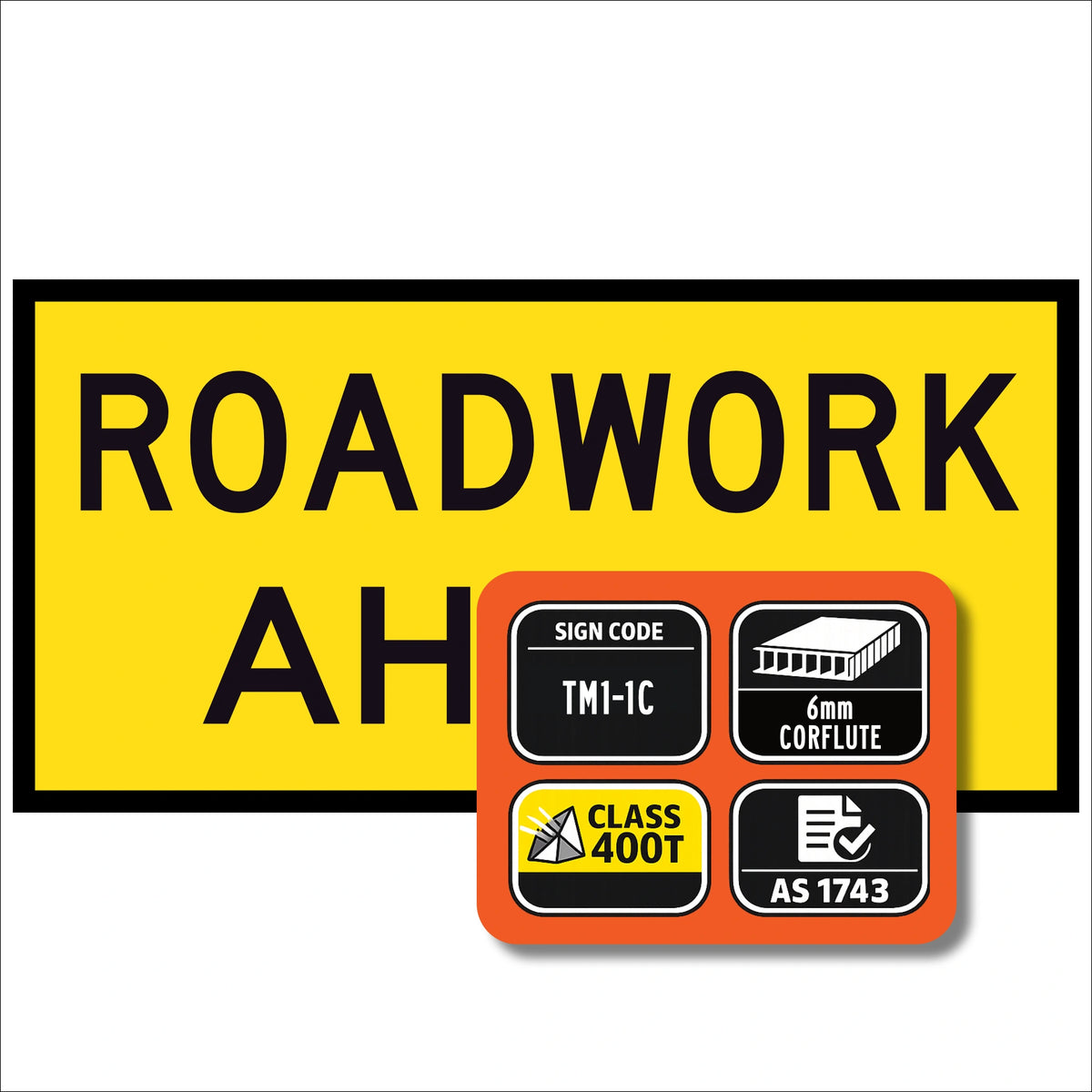 Roadwork Ahead TM1-1C corflute panel with UAGS badge showing sign code TM1-1C, 6mm corflute, Class 400T sheeting and AS 1743 signface design