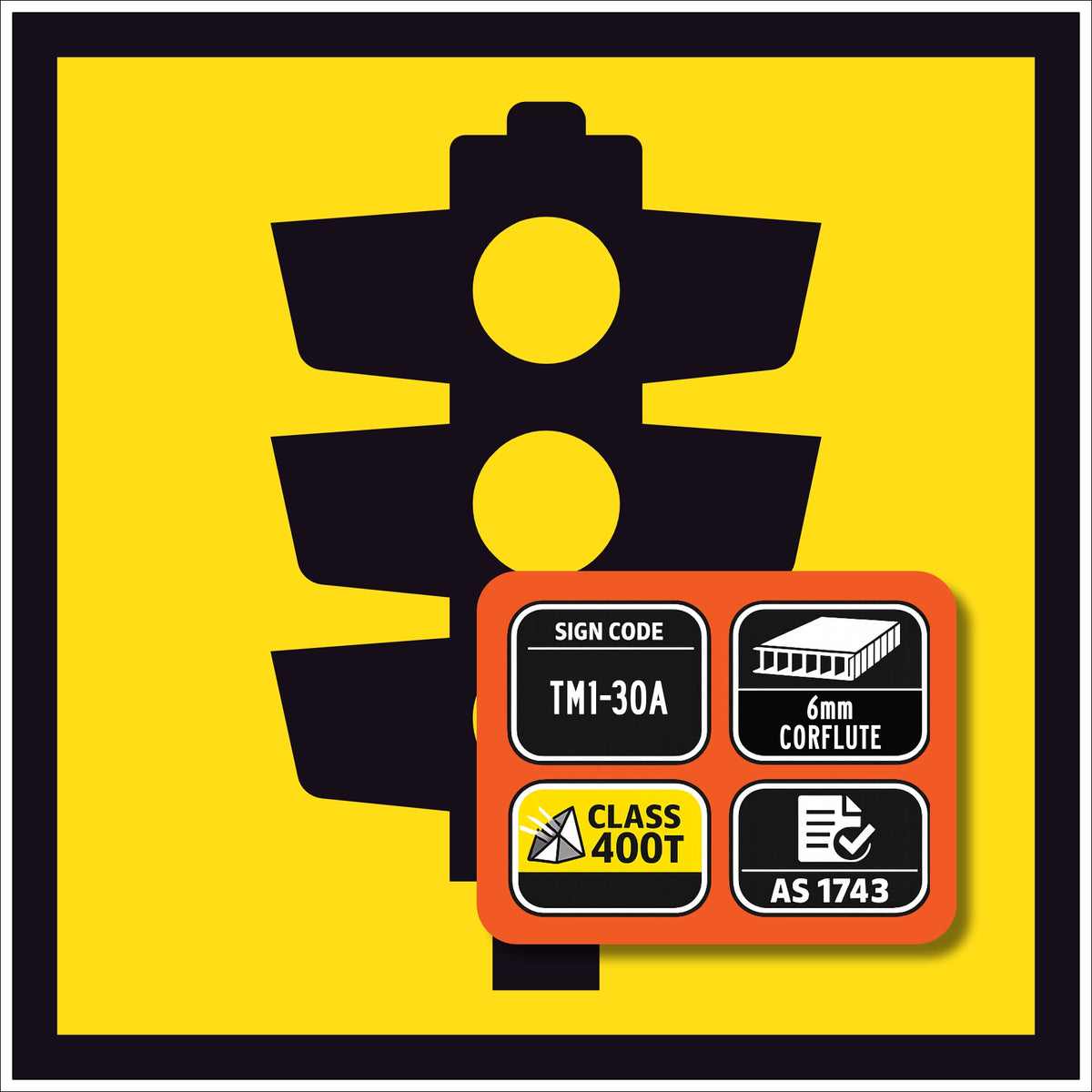 Signals ahead TM1-30A 600x600mm corflute sign panel with black traffic signals symbol and border on yellow retroreflective background