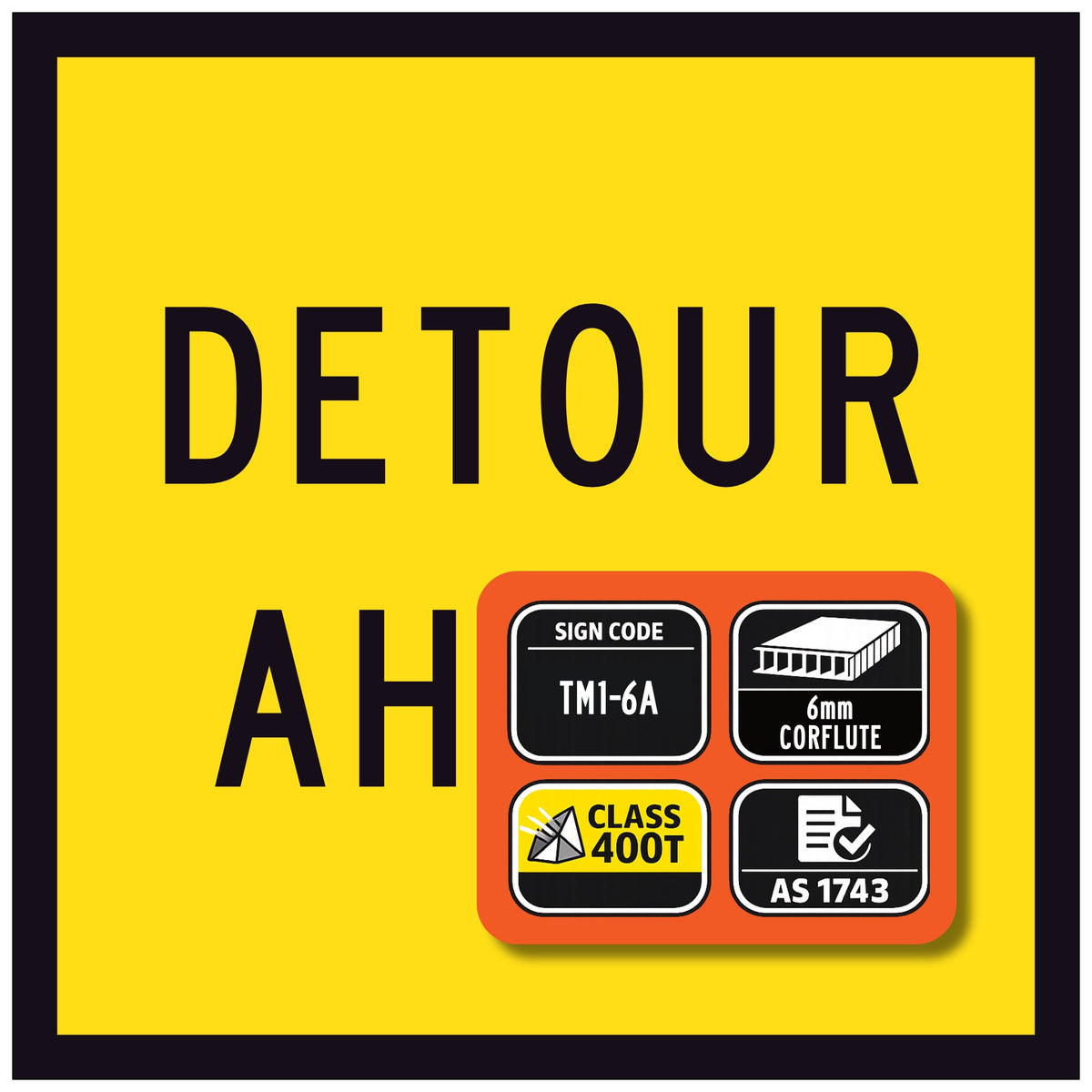 Detour ahead sign with certification logos on a yellow background