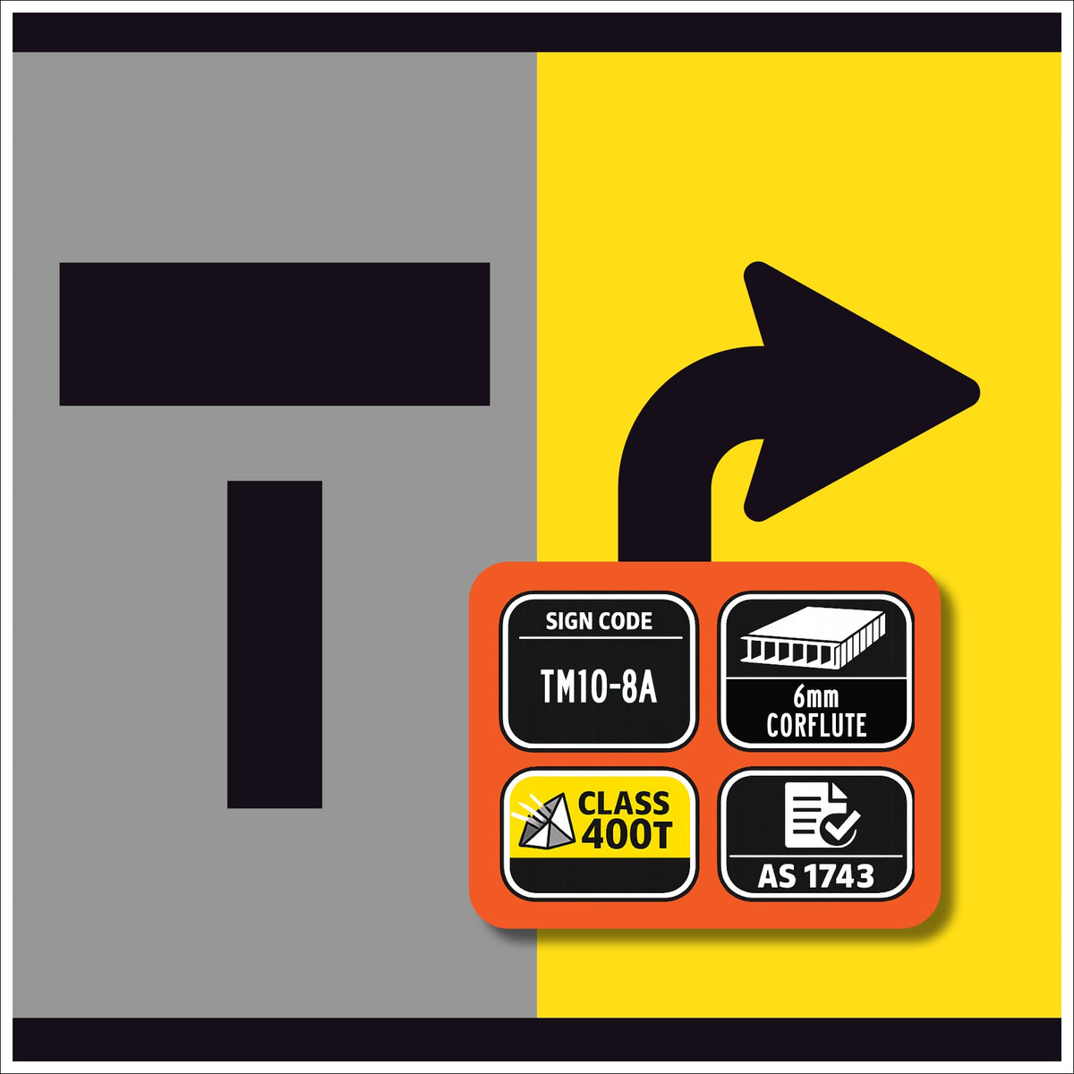 TM10-8A lane status sign with symbols and text on a gray and yellow background