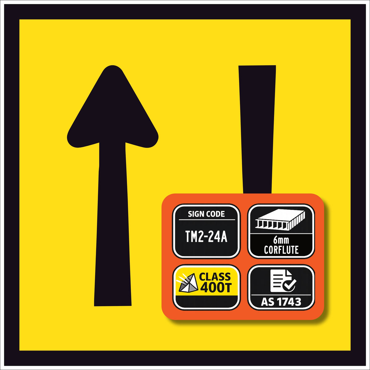 Two Way Traffic TM2-24A 600x600mm corflute sign panel with black opposing arrows on yellow retroreflective background