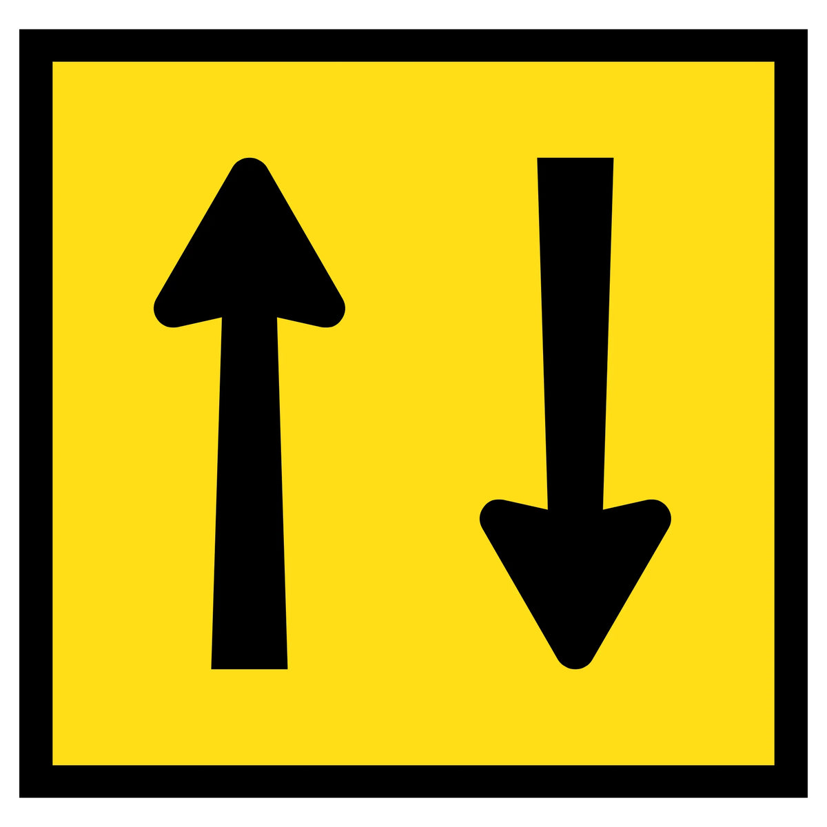 Two Way Traffic TM2-24A 600x600mm corflute sign panel with black opposing arrows on yellow retroreflective background
