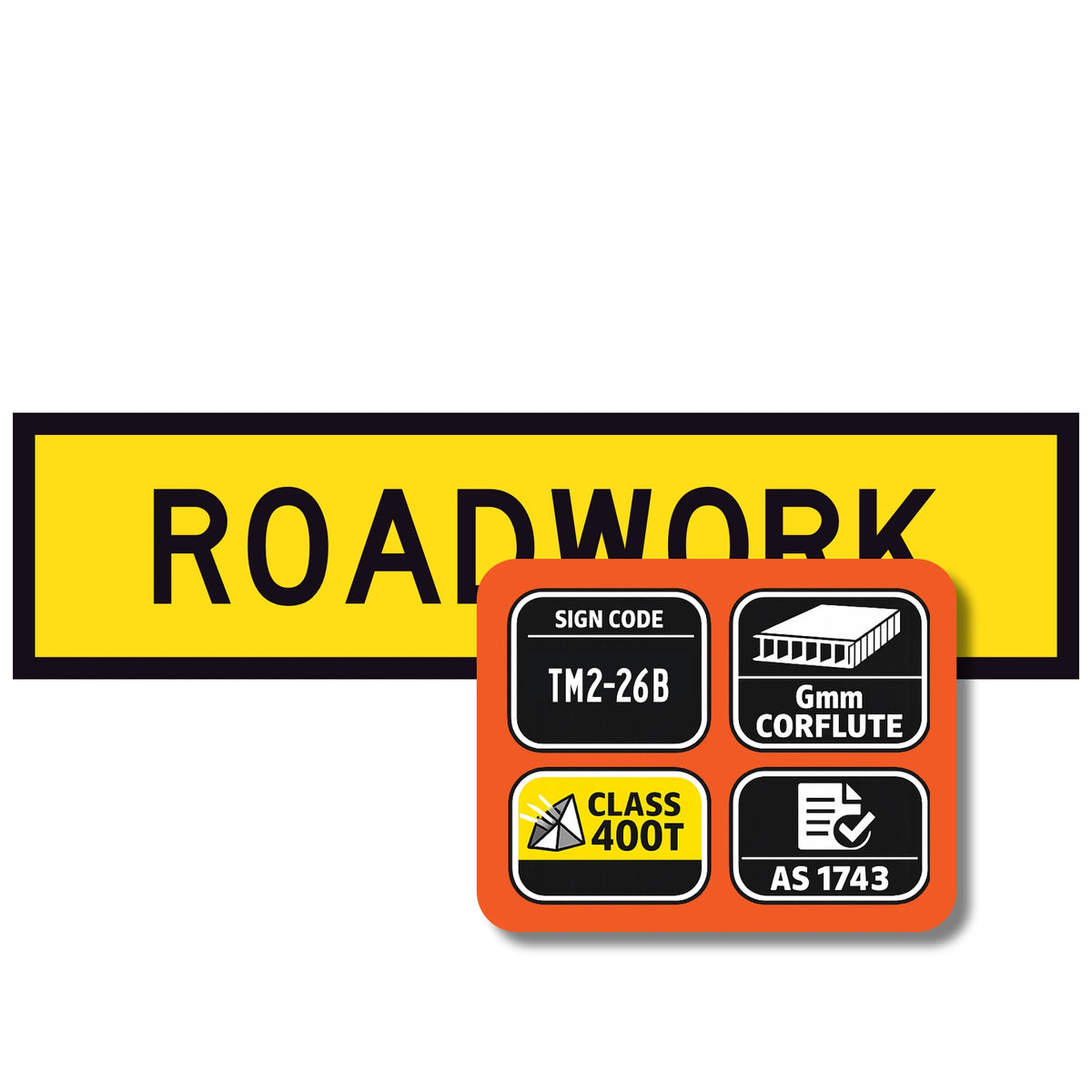 Roadwork sign with certification details on a white background