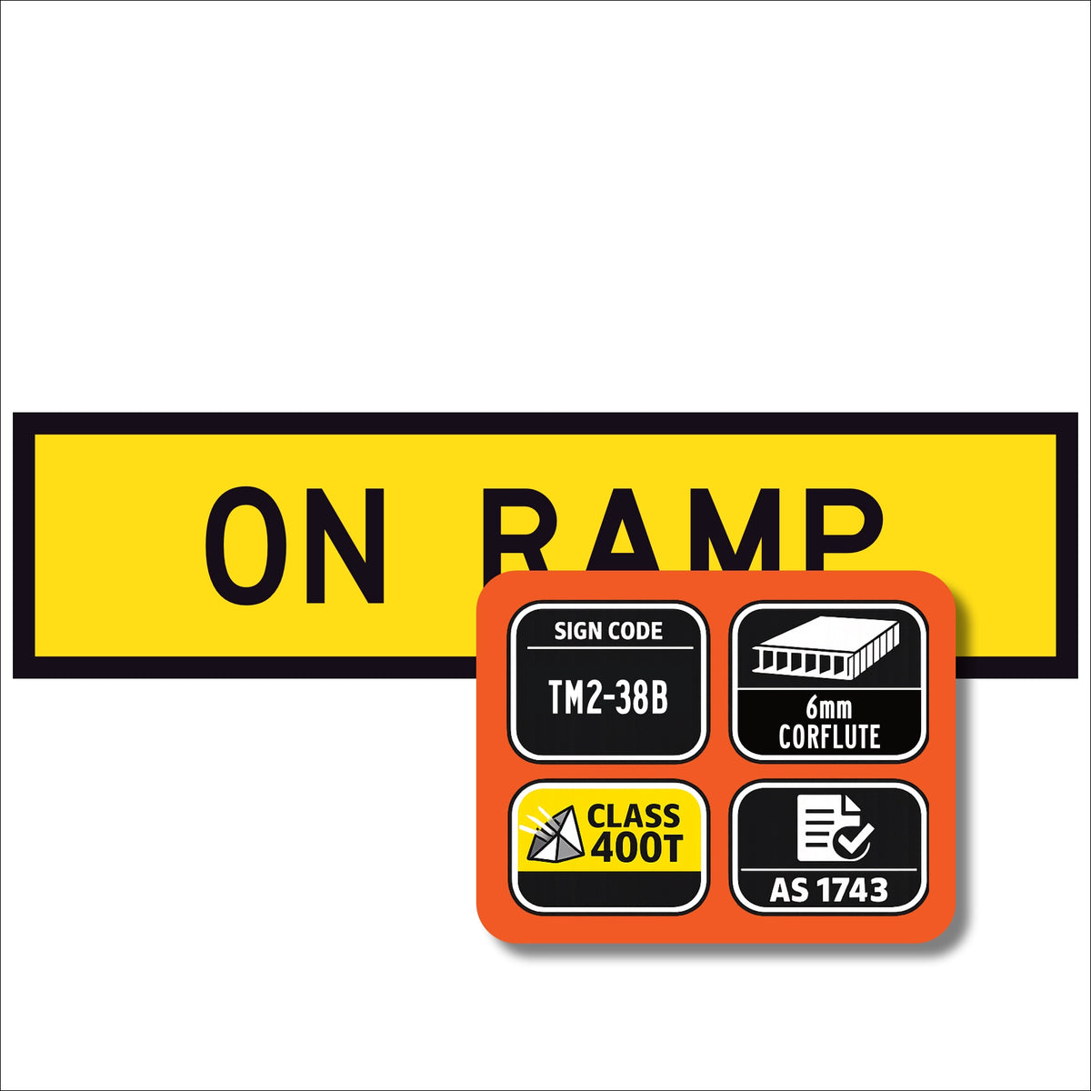 On Ramp TM2-38B 1200x300mm corflute sign panel with black ON RAMP text and border on yellow retroreflective background