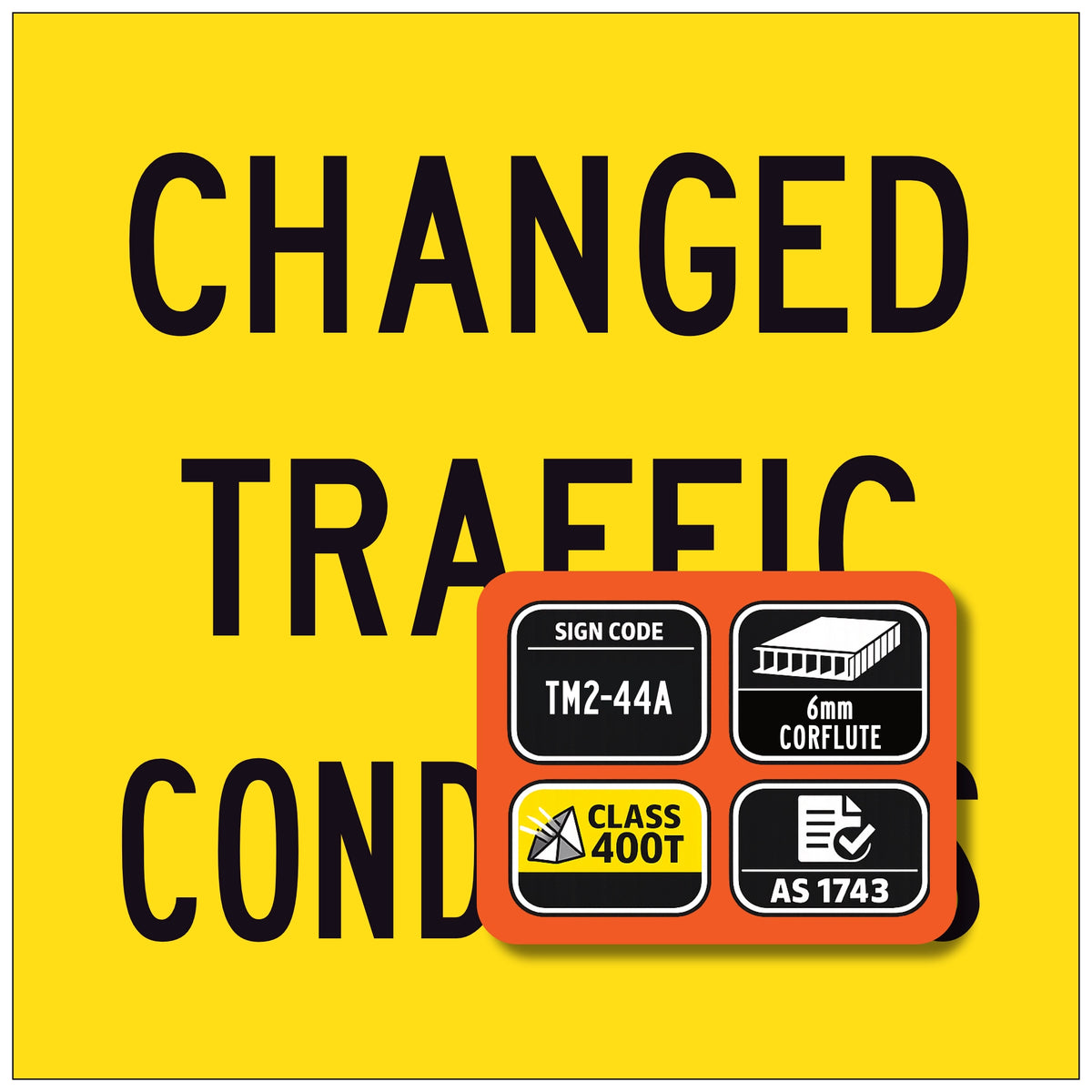 Changed Traffic Conditions TM2-44A corflute sign – 600x600mm yellow background