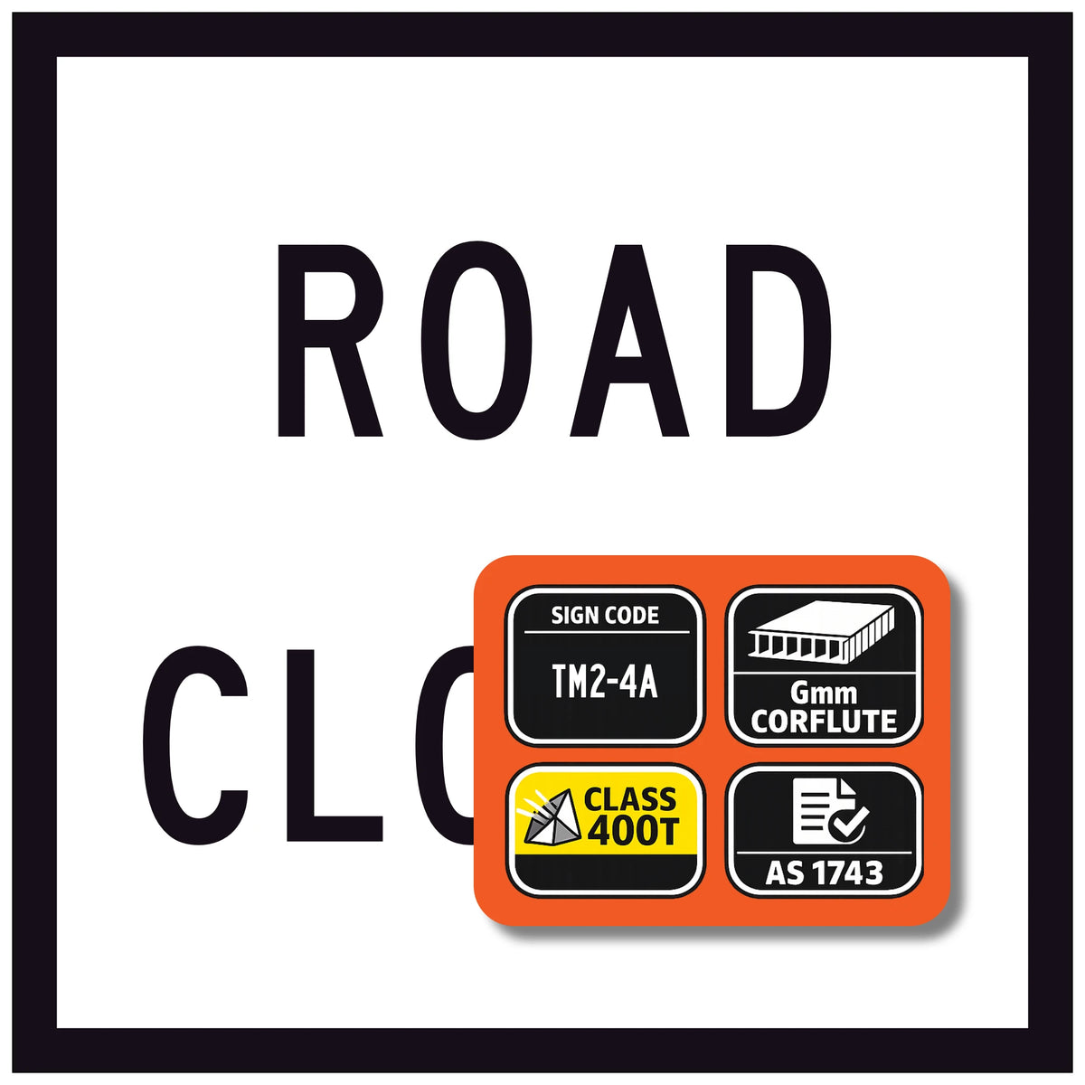 “ROAD CLOSED” TM2-4A black text on retroreflective white – 600×600mm corflute sign panel.