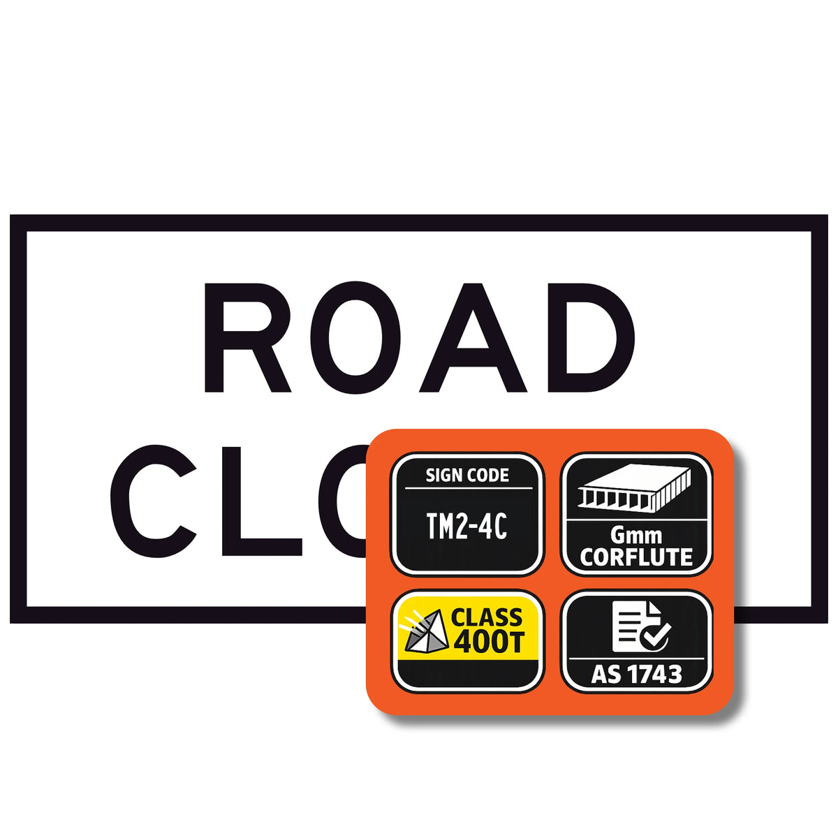 TM2-4C Road Closed 1200x600mm corflute sign panel with black ROAD CLOSED legend and border on white retroreflective background