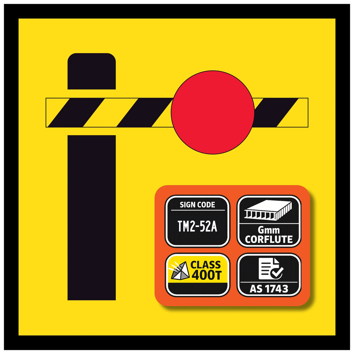 Boom Barrier Safety sign with a red circle, black bar, and certification details on a yellow background