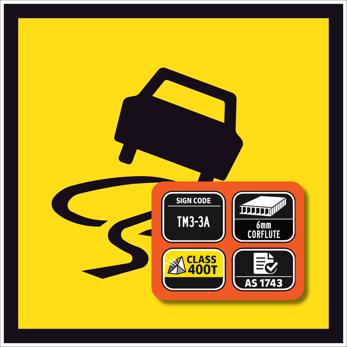 TM3-3A Symbolic Slippery Road black icon on retroreflective yellow - 600x600mm corflute sign panel